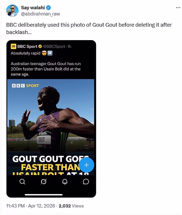 La BBC viene criticata per aver cancellato il post di Gout Gout – mentre l’amara star americana afferma che la sensazione australiana sarà uno “zimbello” nella sua prossima corsa